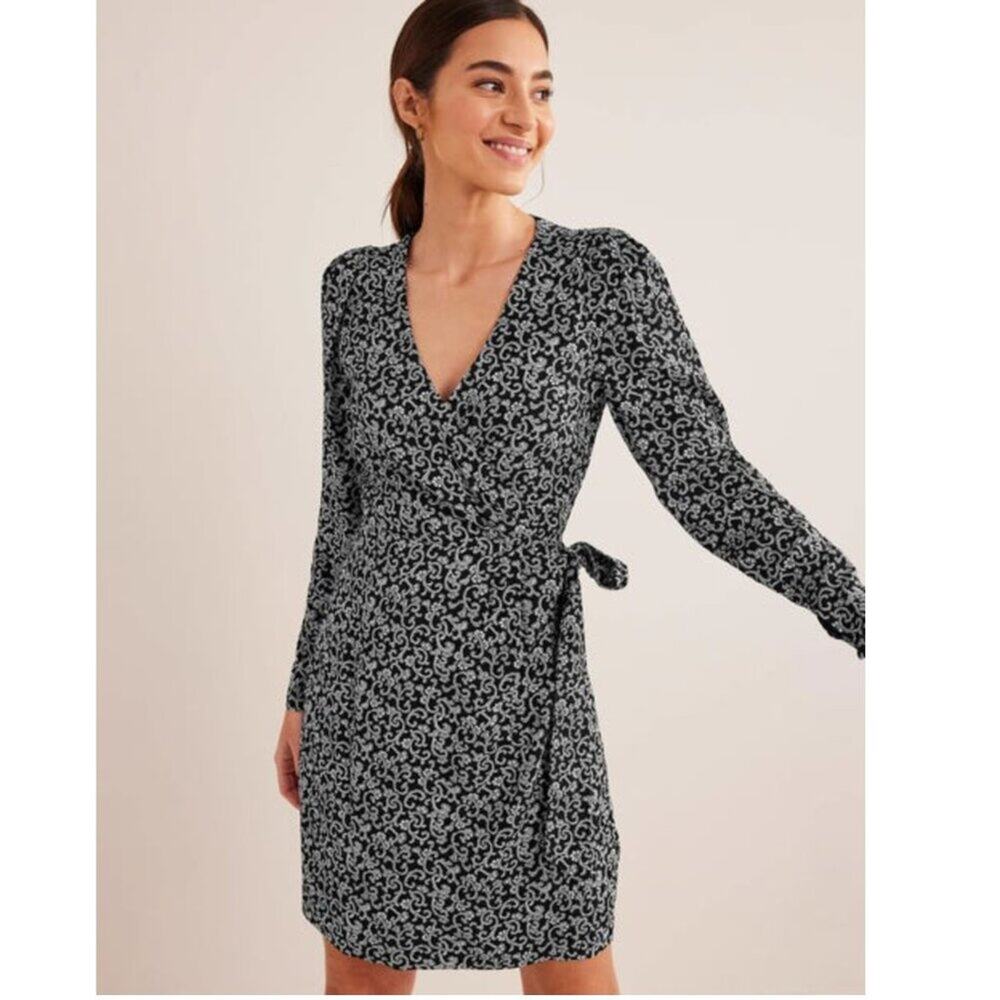 Boden Black White Sprig Wrap Tie Detail Mini Dress Long Sleeve V-neck Small 6